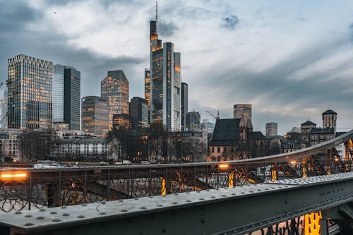 View of a Bridge and Modern Skyscrapers Downtown Frankfurt am Main in Germany 