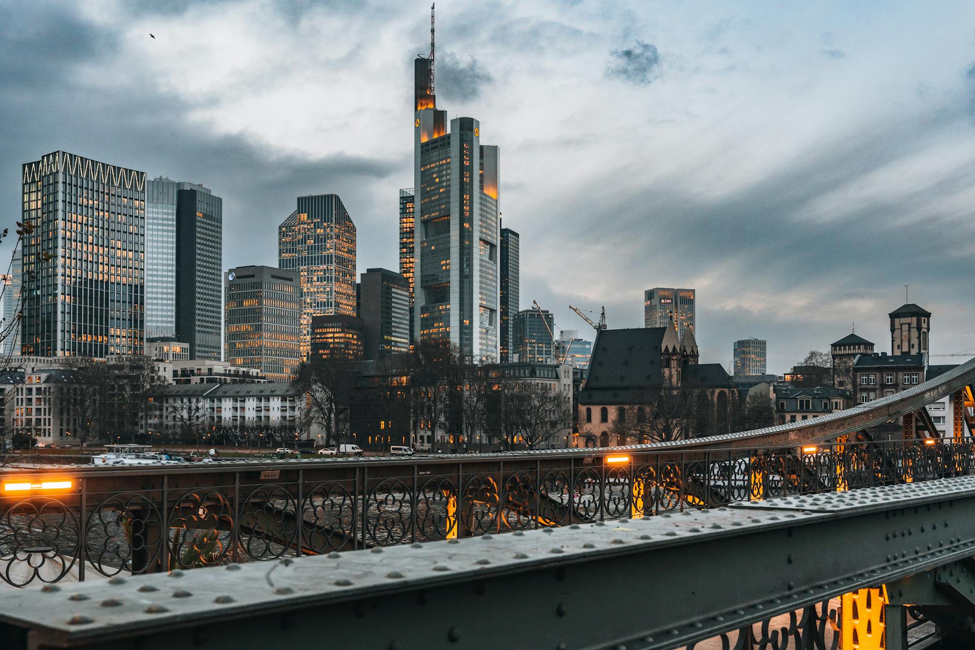 View of a Bridge and Modern Skyscrapers Downtown Frankfurt am Main in Germany