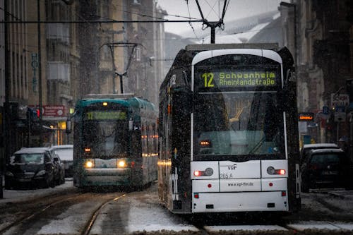View of Trams on the Streets of Frankfurt am Main in Winter 