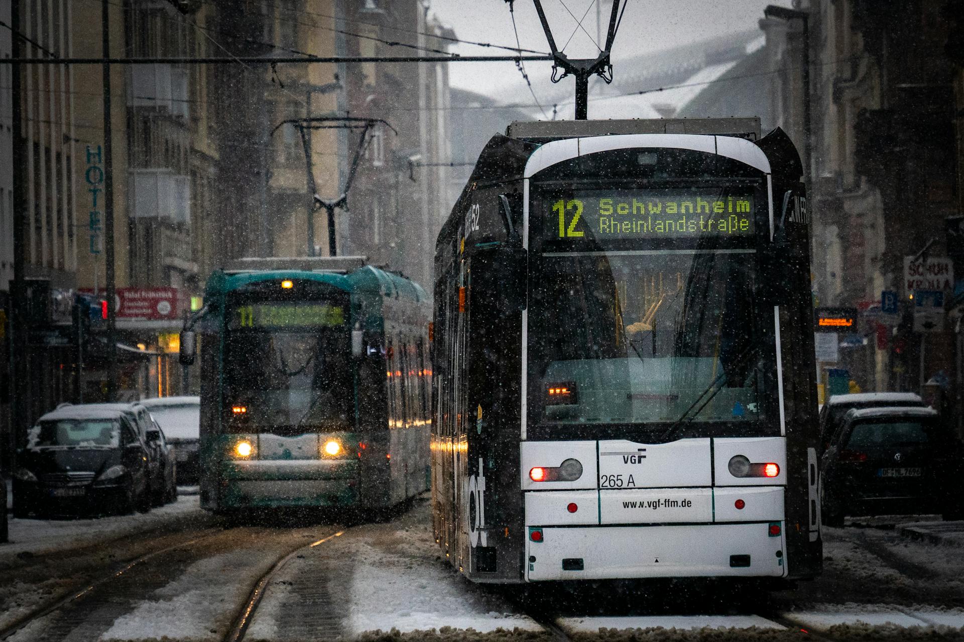 View of Trams on the Streets of Frankfurt am Main in Winter