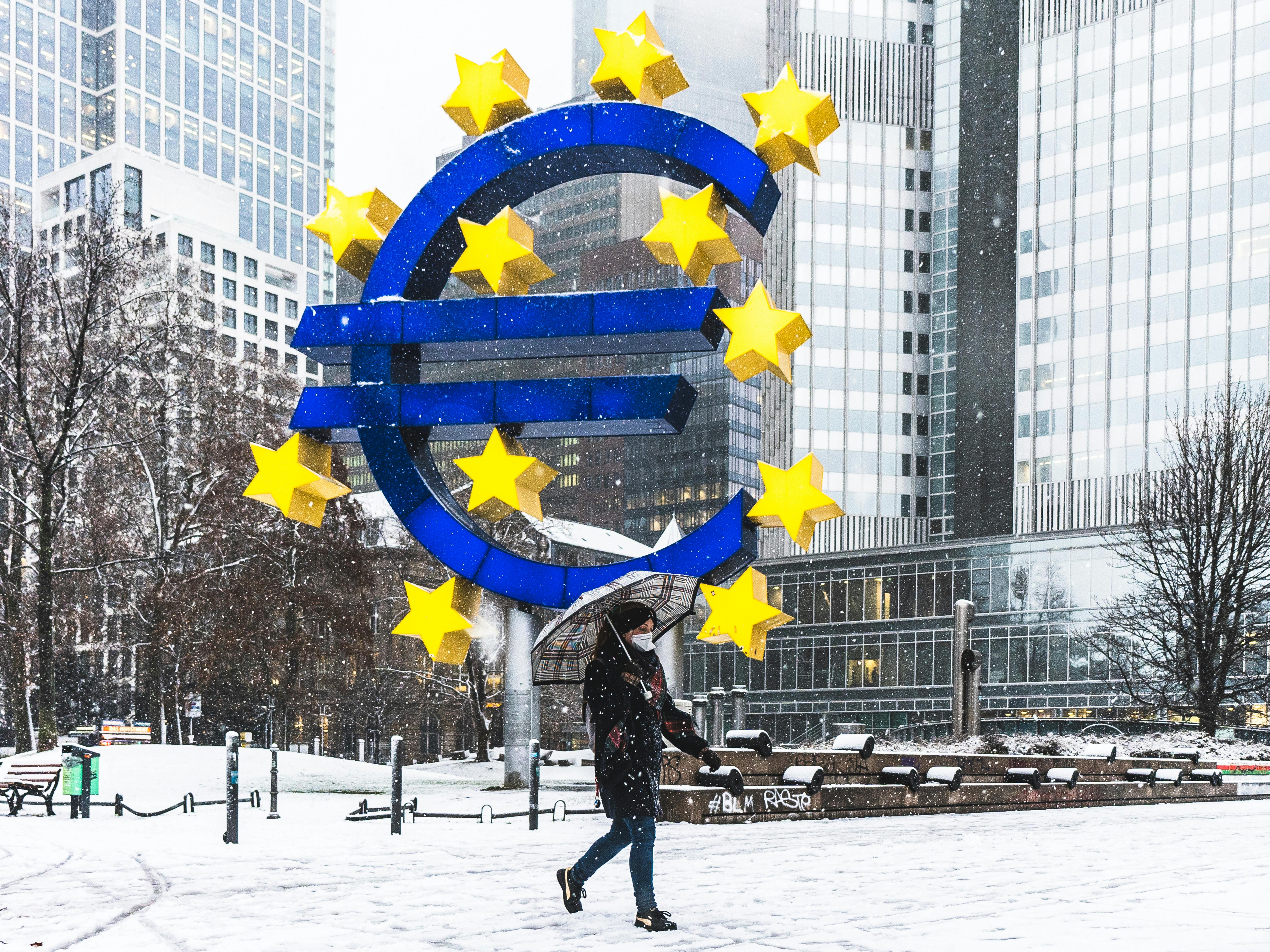 the euro symbol in front of the european central bank in frankfurt am main germany