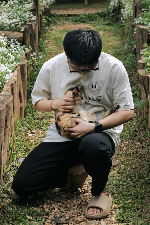 Free A young man affectionately holds a calico cat while crouching on a garden path lined with flowers. Stock Photo
