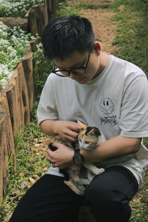 Free A young man gently holds a calico kitten while sitting outdoors in a lush garden. Stock Photo