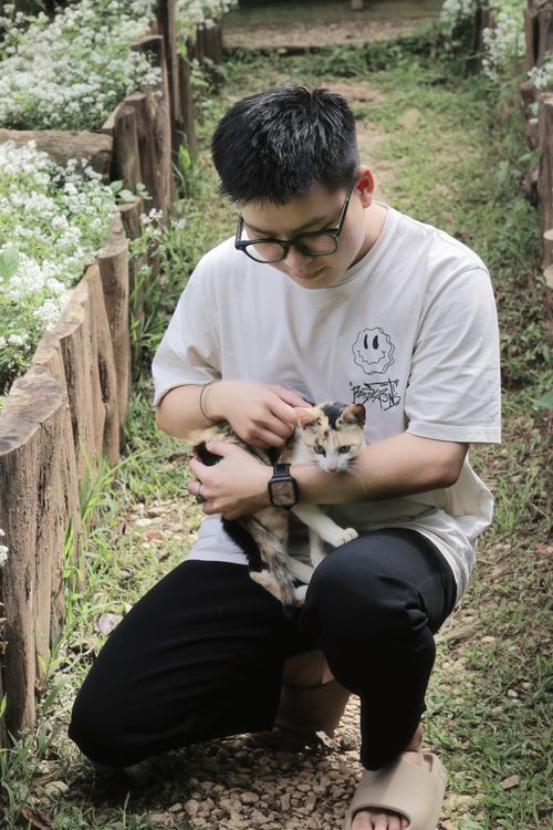 Free A young man kneels in a garden, holding a cute calico cat in daylight. Stock Photo