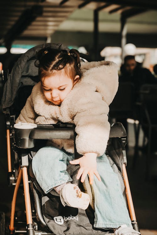 Girl in Fur Jacket Sitting in Stroller