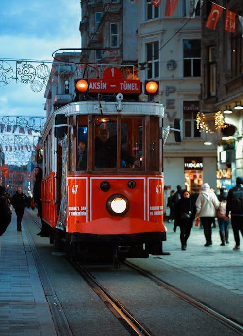 View of a Red Tram on a Street in Istanbul 