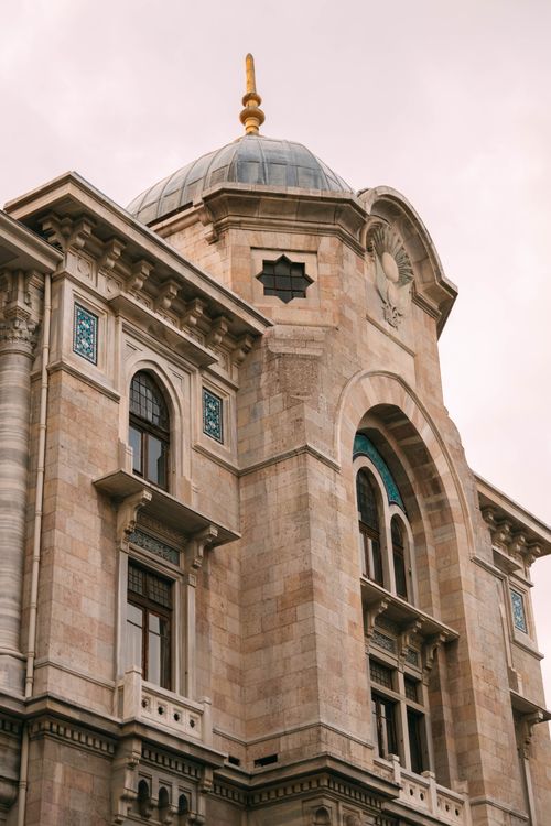 Free View of the historic PTT Museum building facade in Istanbul, Turkey. Stock Photo