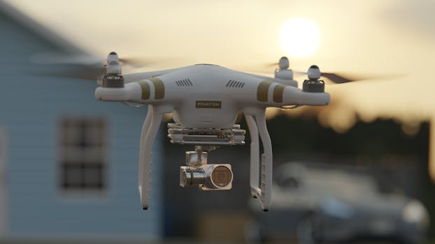 Captivating shot of a drone flying outdoors at sunset, showcasing modern technology.