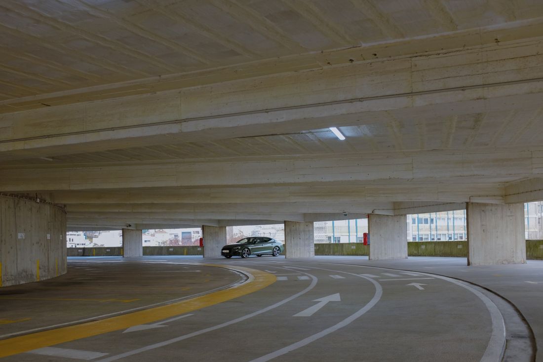 Concrete levels and driving lanes inside a parking garage