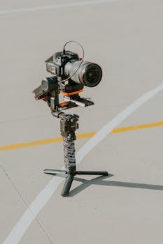 Modern mirrorless camera setup on a stabilizer outdoors on a sunny day, showcasing photography technology.