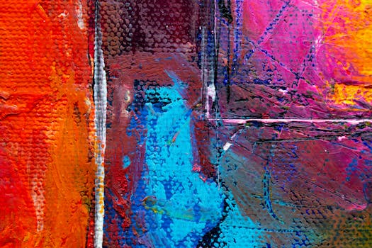 这是一幅色彩缤纷的抽象表现主义画作，画布上纹理充满活力，色调大胆