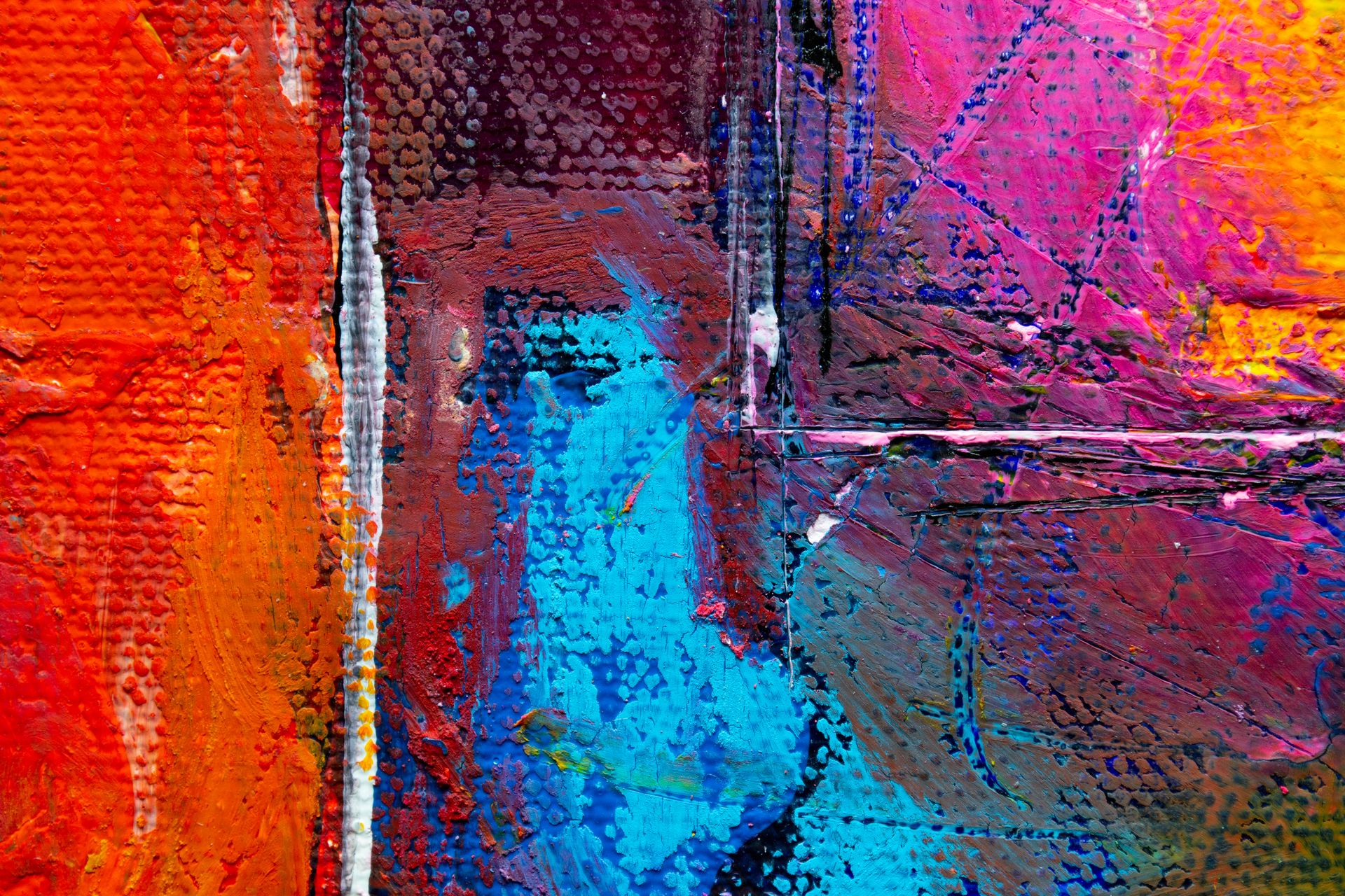 A colorful abstract expressionist painting with vibrant textures and bold hues on canvas.