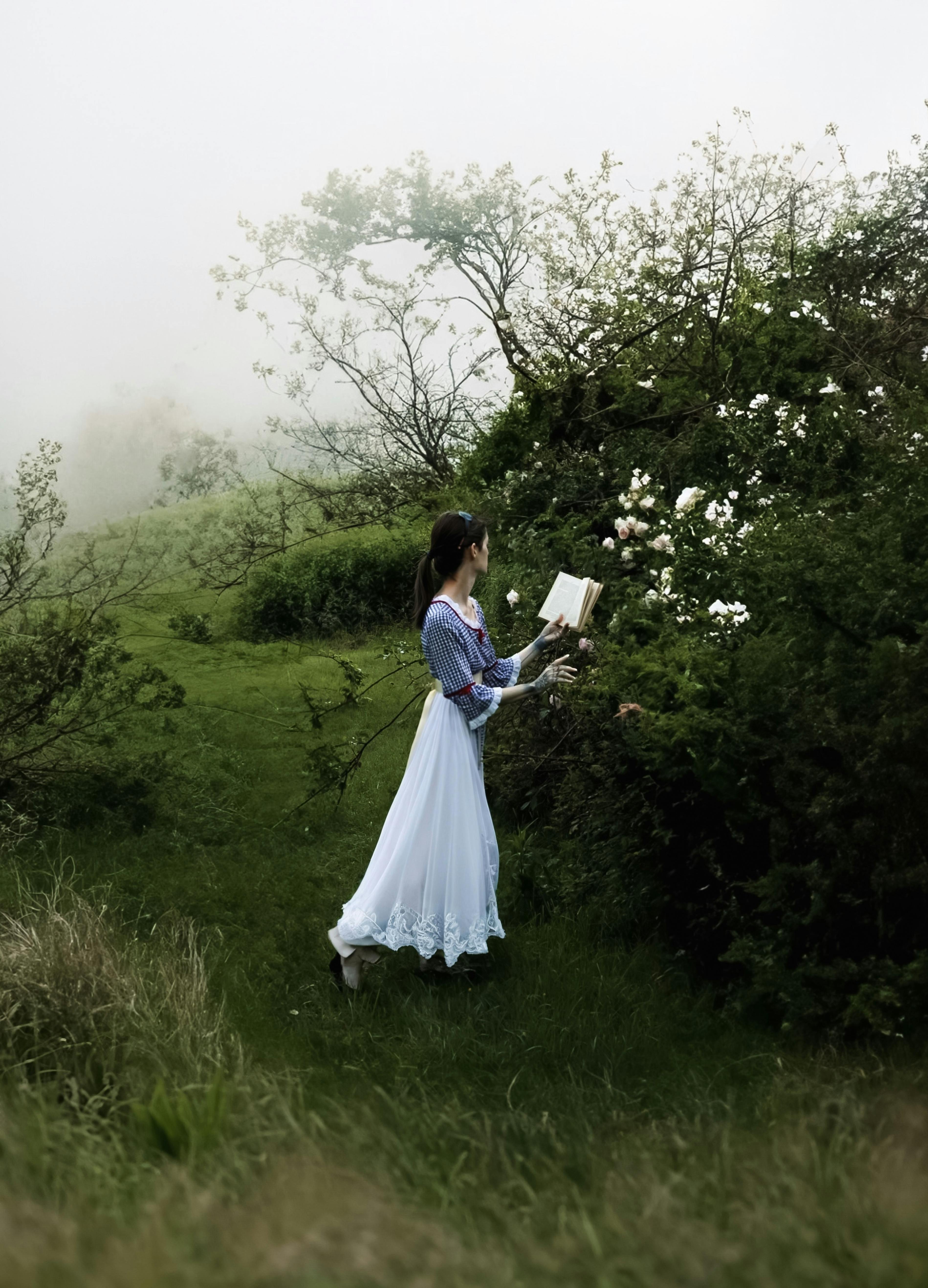 A woman in vintage dress reading outdoors amidst blooming bushes in a foggy landscape.