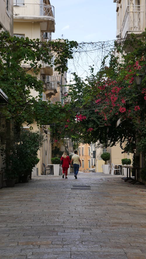 Two people walking down a narrow street with flowers