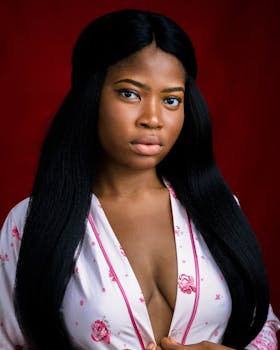 这幅肖像画以浓郁的红色为背景，坦率地描绘了一位身穿花卉服装的长发女子