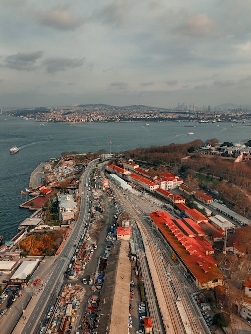 Aerial View of a Railway Station on the Shore of the Bosphorus Strait in Istanbul 
