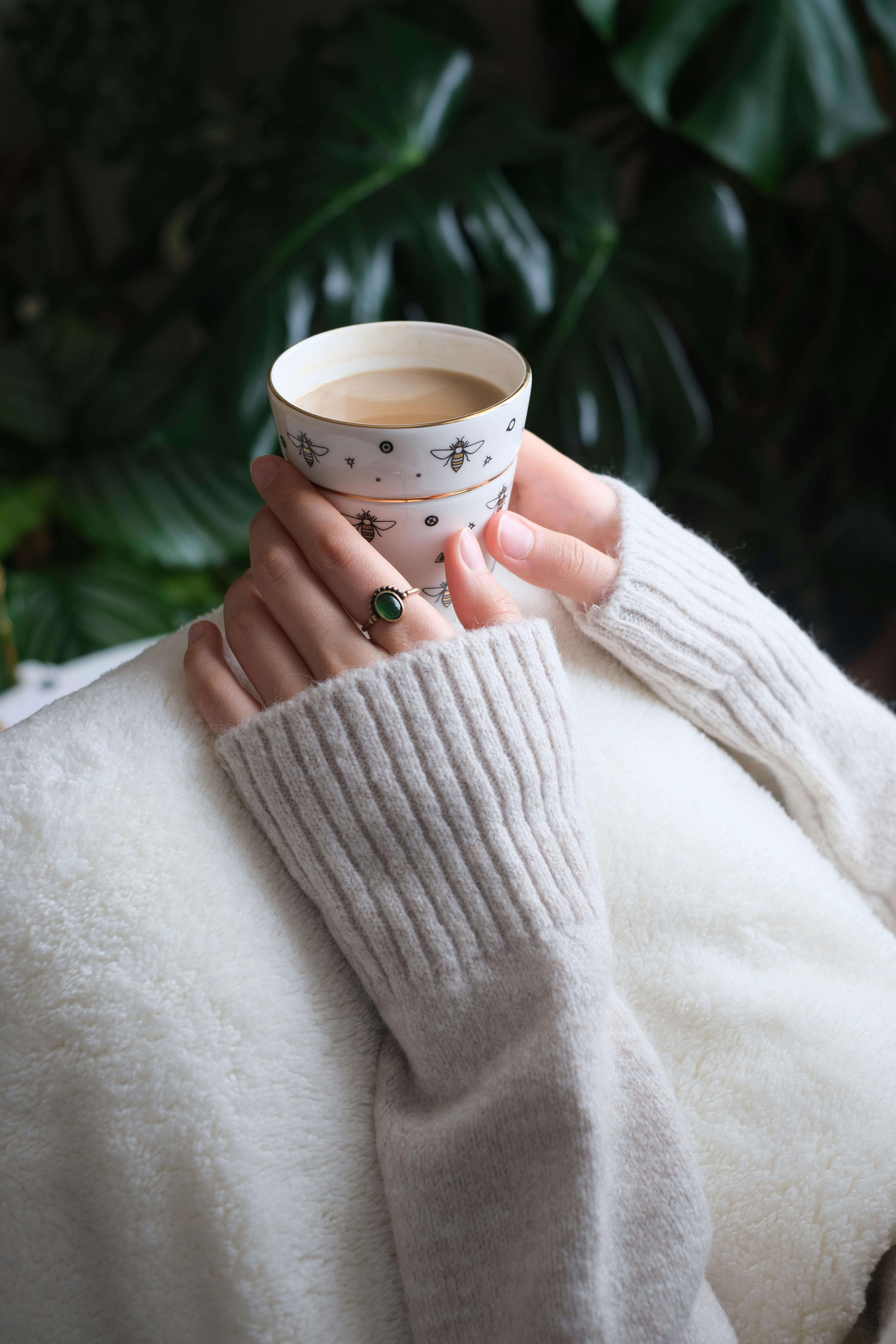 Hands holding a coffee cup in a cozy sweater with a plant background.