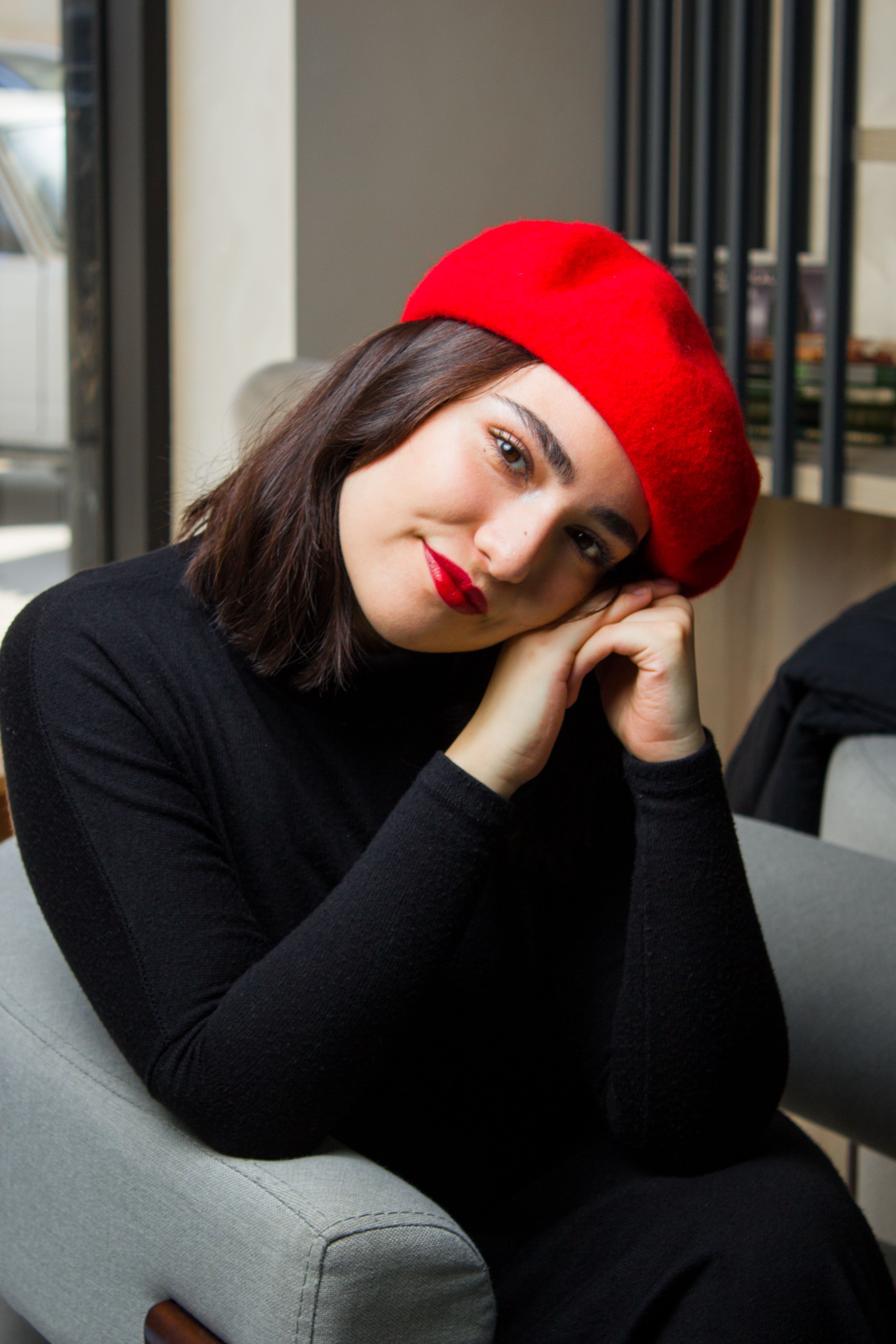 Elegant Woman in a Black Dress, Red Beret and Red Lipstick · Free Stock ...