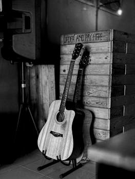 Elegant black and white image of an acoustic guitar beside a wooden speaker setup.