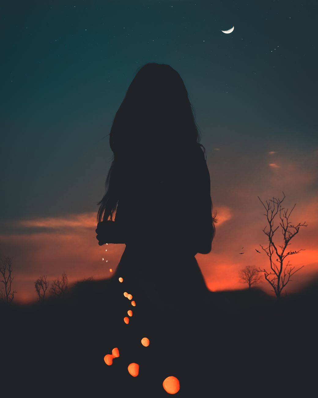 A silhouette of a person at twilight under a crescent moon with a glowing path.