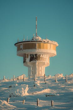 A snow-covered observatory situated on a wintery hill, capturing the serene and cold atmosphere.