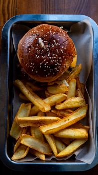 Tasty burger with sesame bun and crispy fries served on a metal tray. Perfect fast food meal.