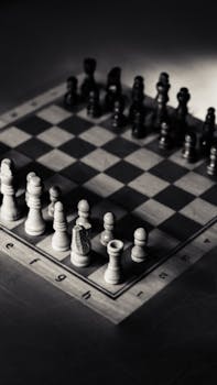 A dramatic black and white photo of a chessboard with all pieces set for a classic game.