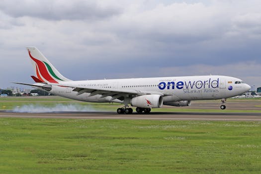 SriLankan Airlines Airbus A330 landing with smoke on runway, overcast sky.