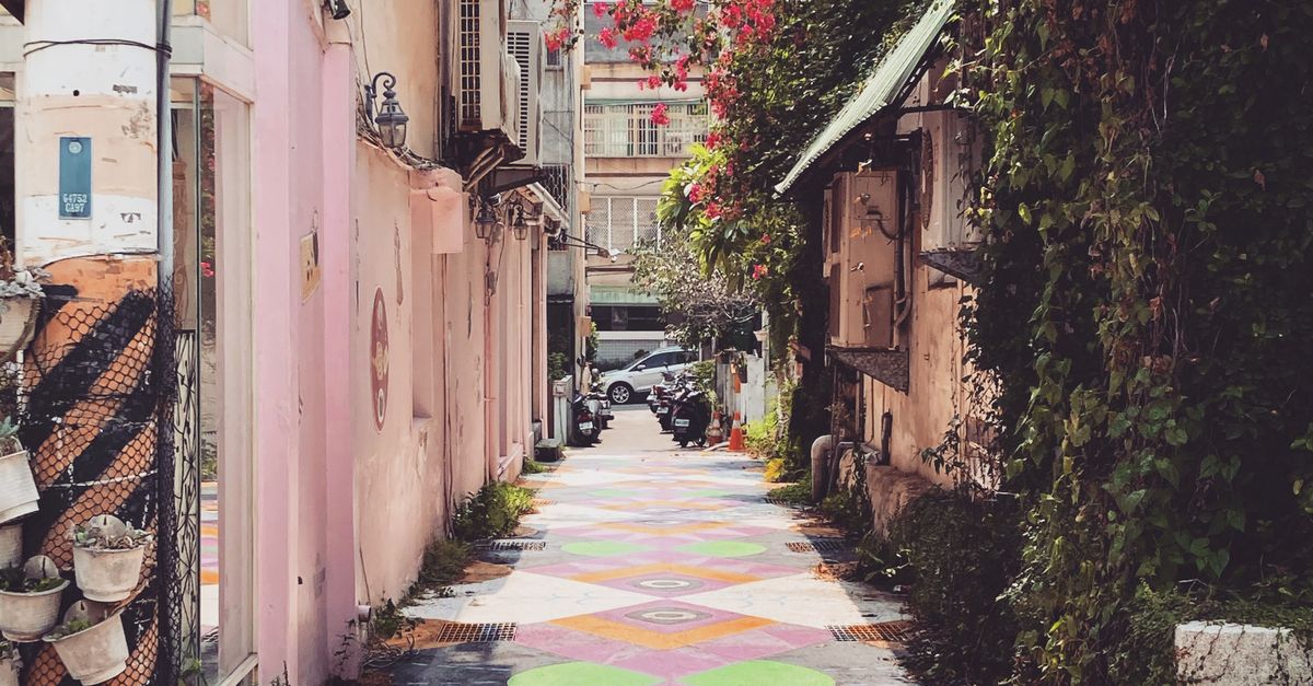 Vibrant alley with street art and graffiti in an urban city setting, surrounded by buildings and greenery.