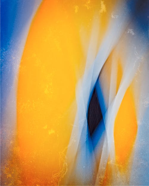 An abstract painting with blue, yellow and orange colors