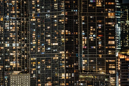 A city at night with many buildings lit up