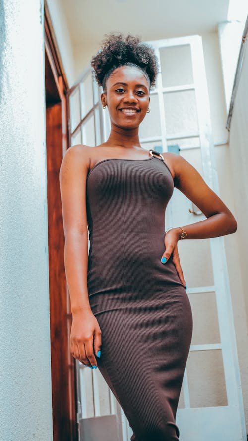 Smiling Woman in Black Dress