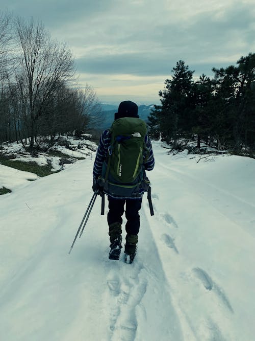 A person with a backpack walking down a snowy road