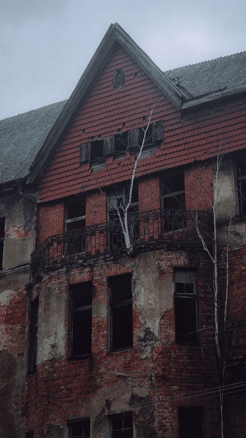 Free A haunting facade of an abandoned building with trees in decay. Stock Photo