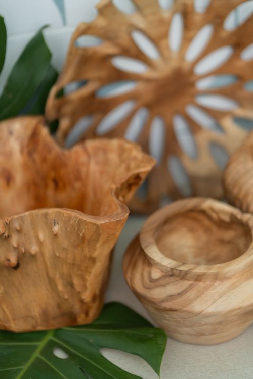 Free Handcrafted wooden bowls showcasing rustic design and natural texture. Stock Photo