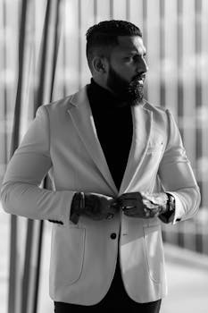 Sophisticated black and white portrait of a man in a stylish suit.