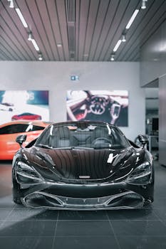 High-end black sports car showcased in a modern indoor showroom setting with ambient lighting.