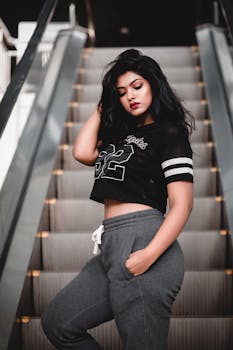 一位时尚女士身着休闲装，在室内自动扶梯上自信地摆出姿势