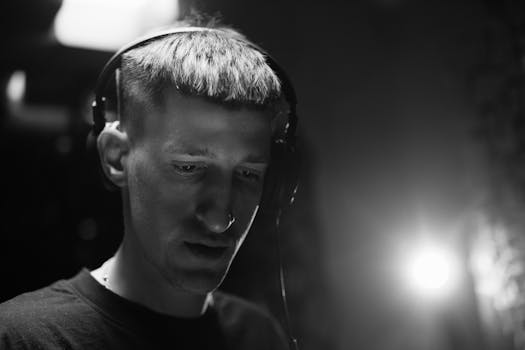 Artistic black and white portrait of a man wearing headphones, focused and introspective in a dimly lit space.