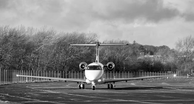 A sleek jet airplane on the tarmac in Sylt, Germany, surrounded by trees. Captured in black and white.