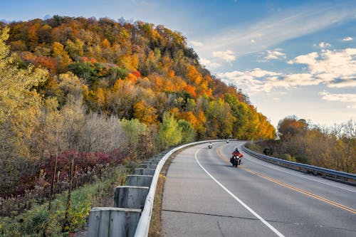Motorbikes on Road by Colorful Hill in Autumn