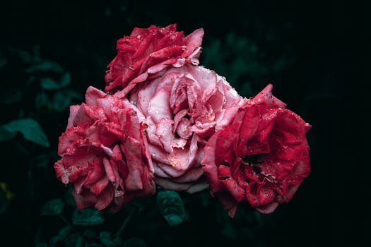 Close-up of fresh red roses with dew on petals against a dark backdrop. Perfect for romance or nature themes.