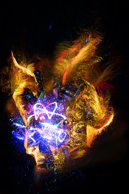 A digital painting of a fire ball with blue and purple lights