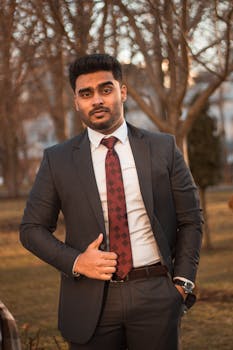 Confident businessman in a dark suit and tie posing outdoors with hand in pocket.