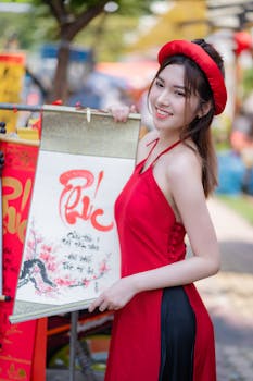 Smiling Vietnamese woman wearing a traditional dress, holding calligraphy scroll outdoors.