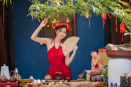 Young Woman in an Ao Dai Dress Standing next to Traditional Decorations 