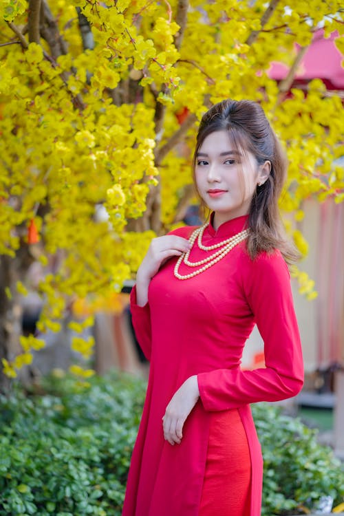 Young Woman Posing in a Traditional Red Ao Dai Dress