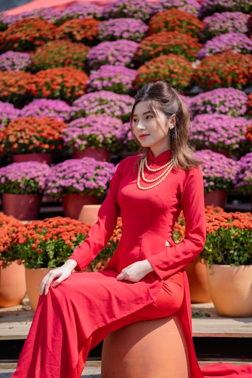 Young Woman Posing in a Traditional Red Ao Dai Dress