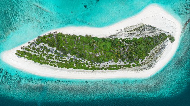 A breathtaking aerial view of a lush tropical island surrounded by crystal blue ocean.