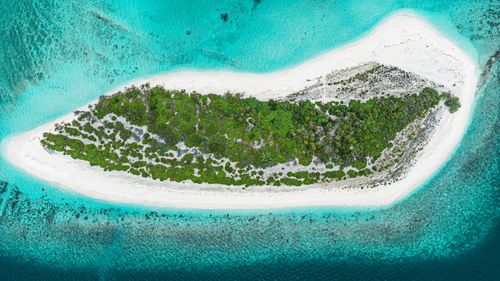 Free A breathtaking aerial view of a lush tropical island surrounded by crystal blue ocean. Stock Photo